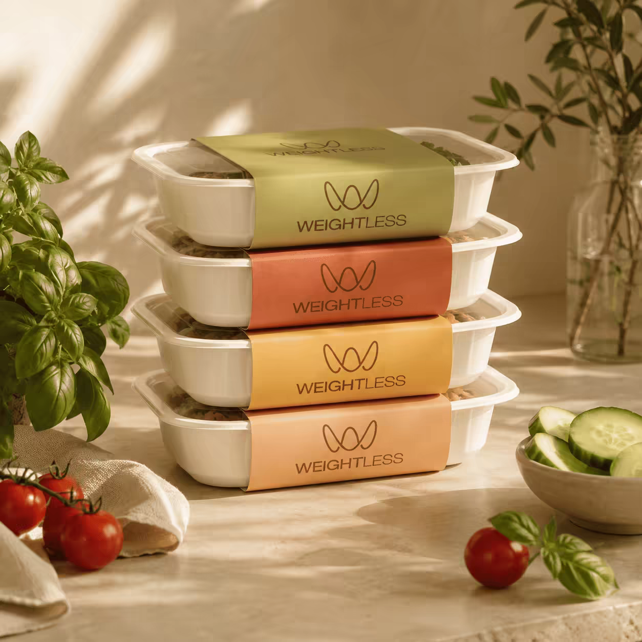 Stack of Weightless branded ready-to-enjoy meal boxes